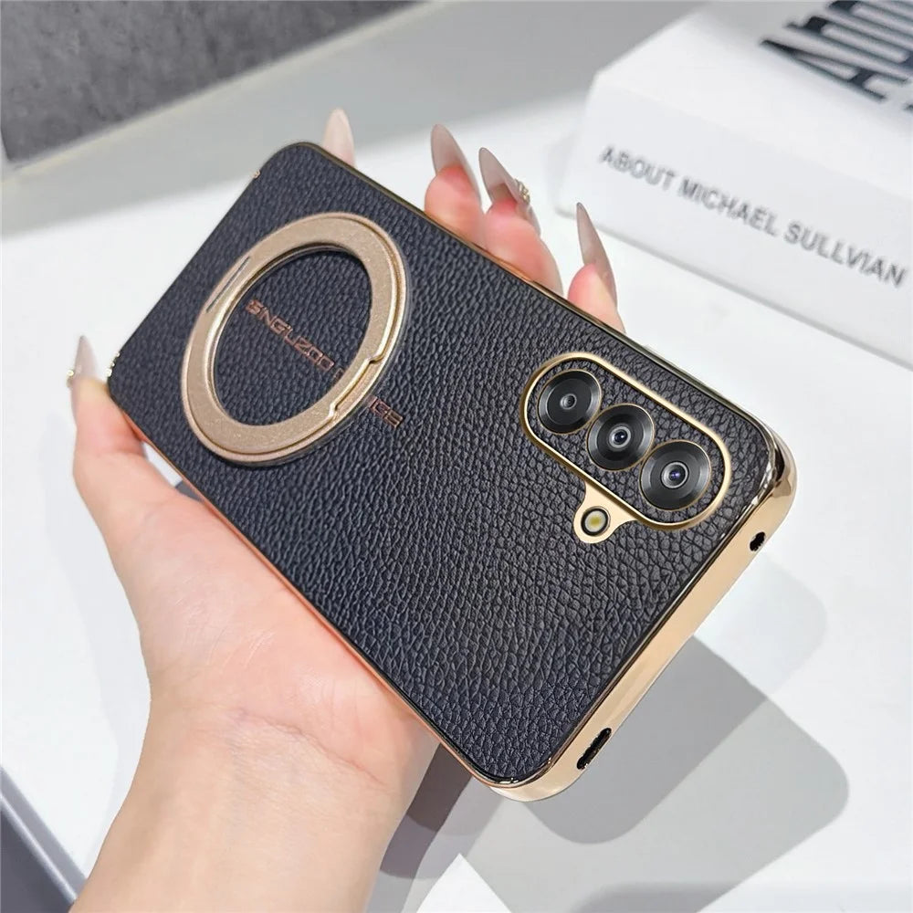 Magnetic Case For Samsung Galaxy A18 5G / A18 4G / A17 5G / A17 4G Litchi Pattern TPU PU Cover with Electroplated Metal Ring Kickstand - Black - 2