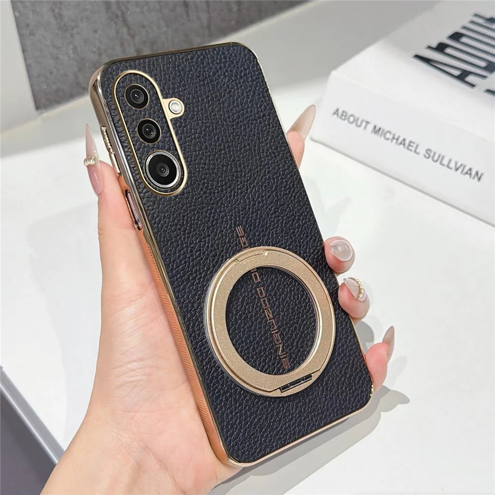 For Samsung Galaxy A27 5G Magnetic Case Litchi Pattern TPU PU Cover with Electroplated Metal Ring Kickstand - Black - 1