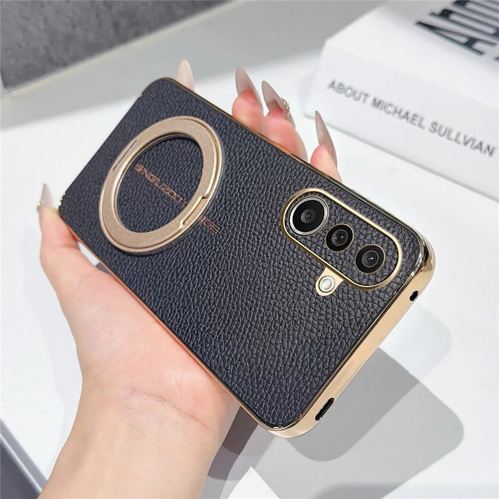 For Samsung Galaxy A27 5G Magnetic Case Litchi Pattern TPU PU Cover with Electroplated Metal Ring Kickstand - Black - 2