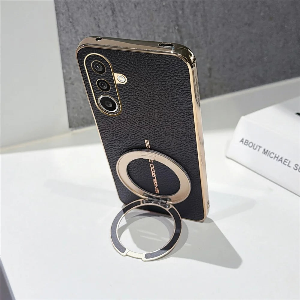 For Samsung Galaxy A27 5G Magnetic Case Litchi Pattern TPU PU Cover with Electroplated Metal Ring Kickstand - Black - 3