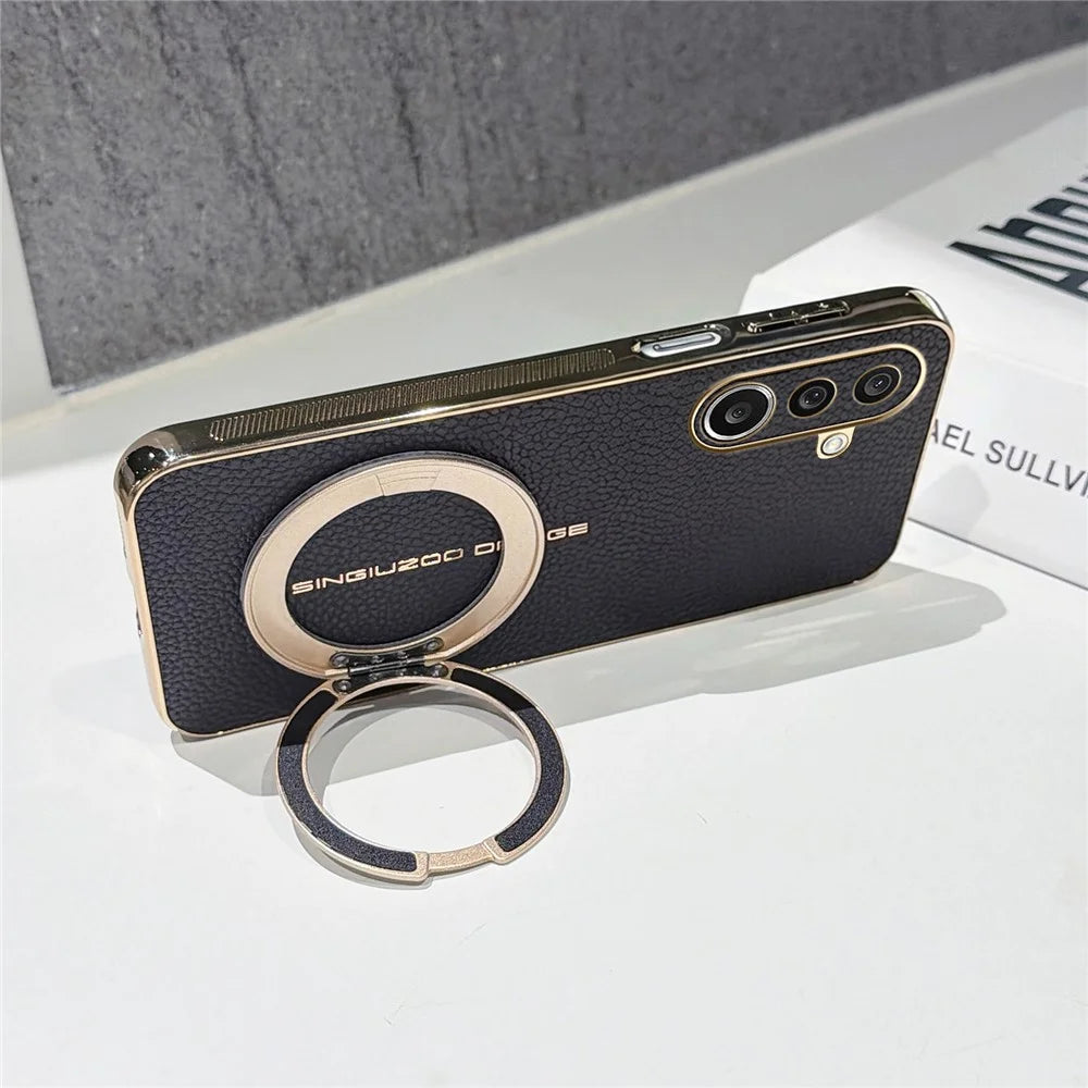 For Samsung Galaxy A27 5G Magnetic Case Litchi Pattern TPU PU Cover with Electroplated Metal Ring Kickstand - Black - 4