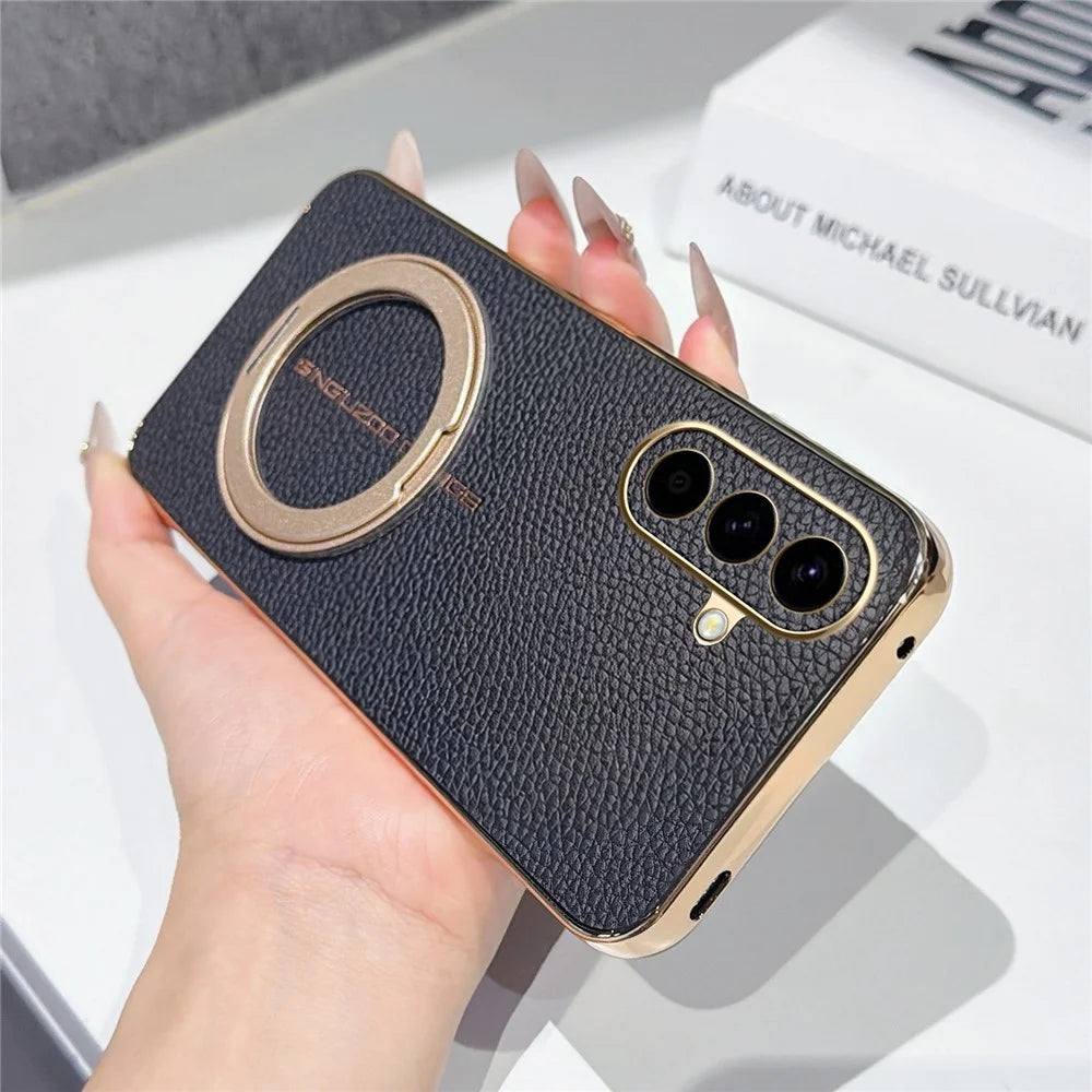 For Samsung Galaxy A57 5G Magnetic Case Litchi Pattern TPU PU Cover with Electroplated Metal Ring Kickstand - Black - 2