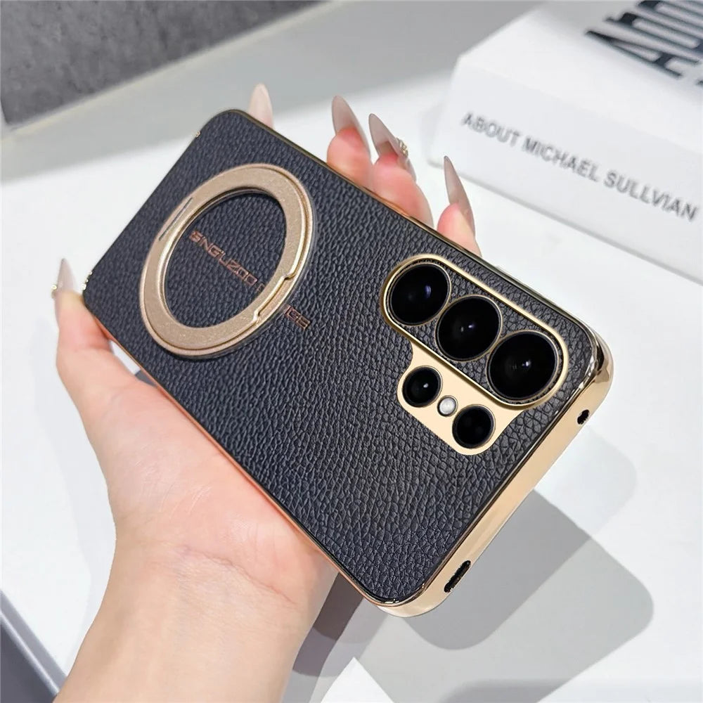 For Samsung Galaxy S26 Ultra Magnetic Case Litchi Pattern TPU PU Cover with Electroplated Metal Ring Kickstand - Black - 2