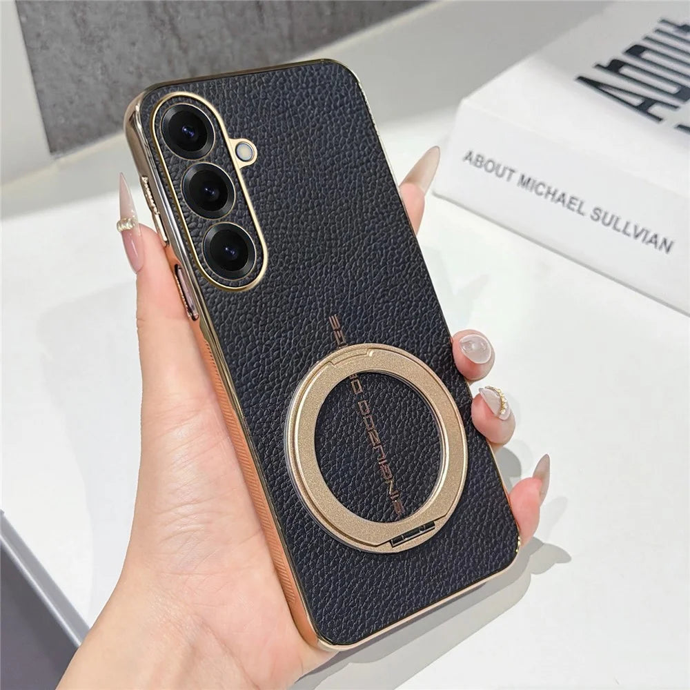 For Samsung Galaxy S26+ Magnetic Case Litchi Pattern TPU PU Cover with Electroplated Metal Ring Kickstand - Black - 1