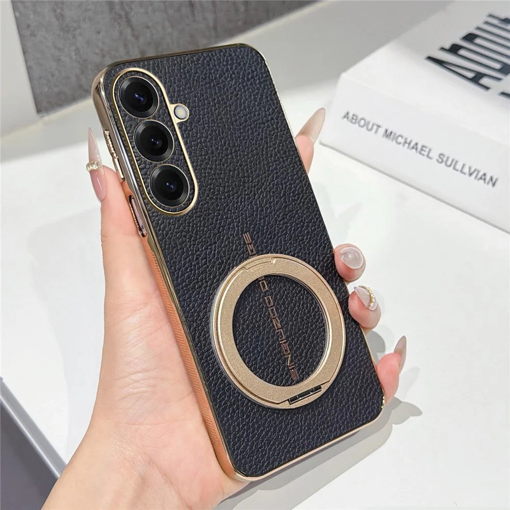 For Samsung Galaxy S26 Magnetic Case Litchi Pattern TPU PU Cover with Electroplated Metal Ring Kickstand - Black - 1
