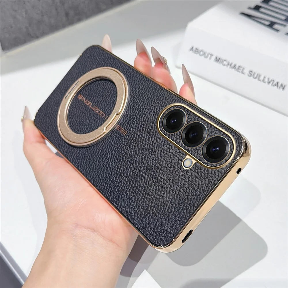 For Samsung Galaxy S26 Magnetic Case Litchi Pattern TPU PU Cover with Electroplated Metal Ring Kickstand - Black - 2