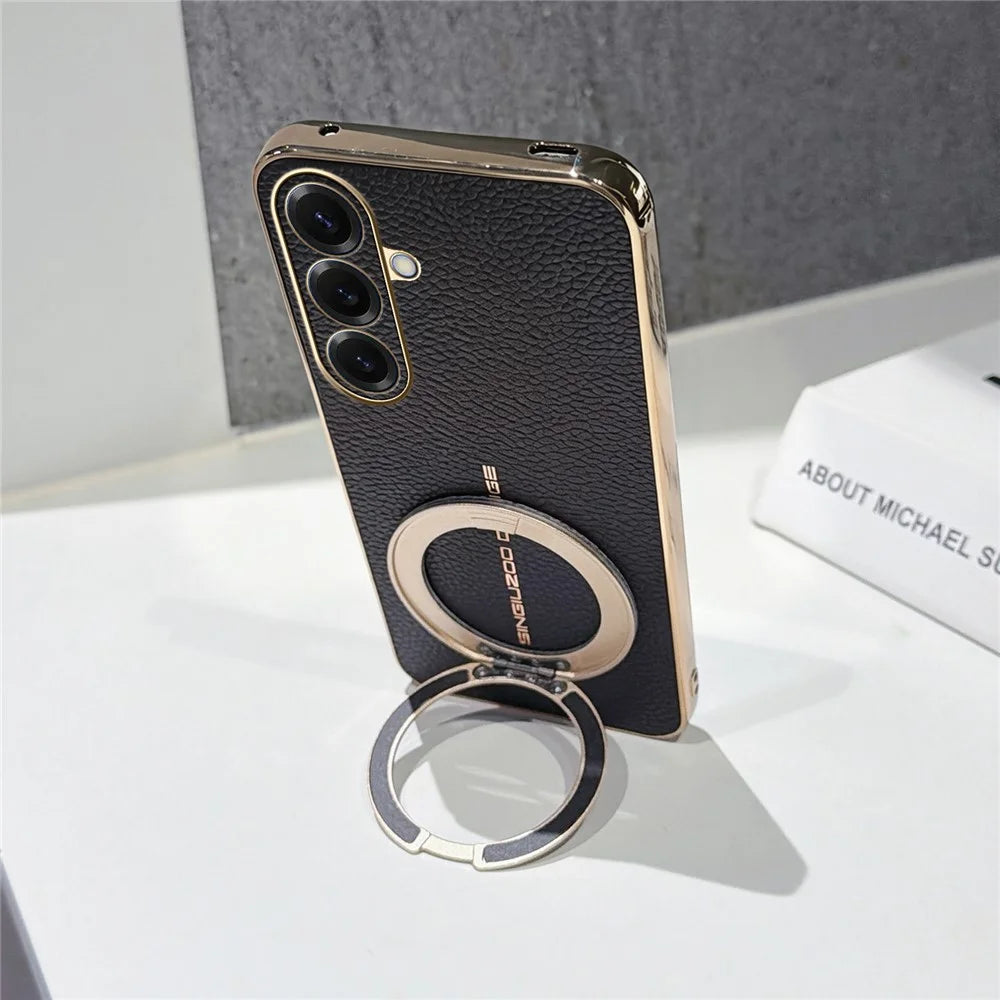 For Samsung Galaxy S26 Magnetic Case Litchi Pattern TPU PU Cover with Electroplated Metal Ring Kickstand - Black - 3