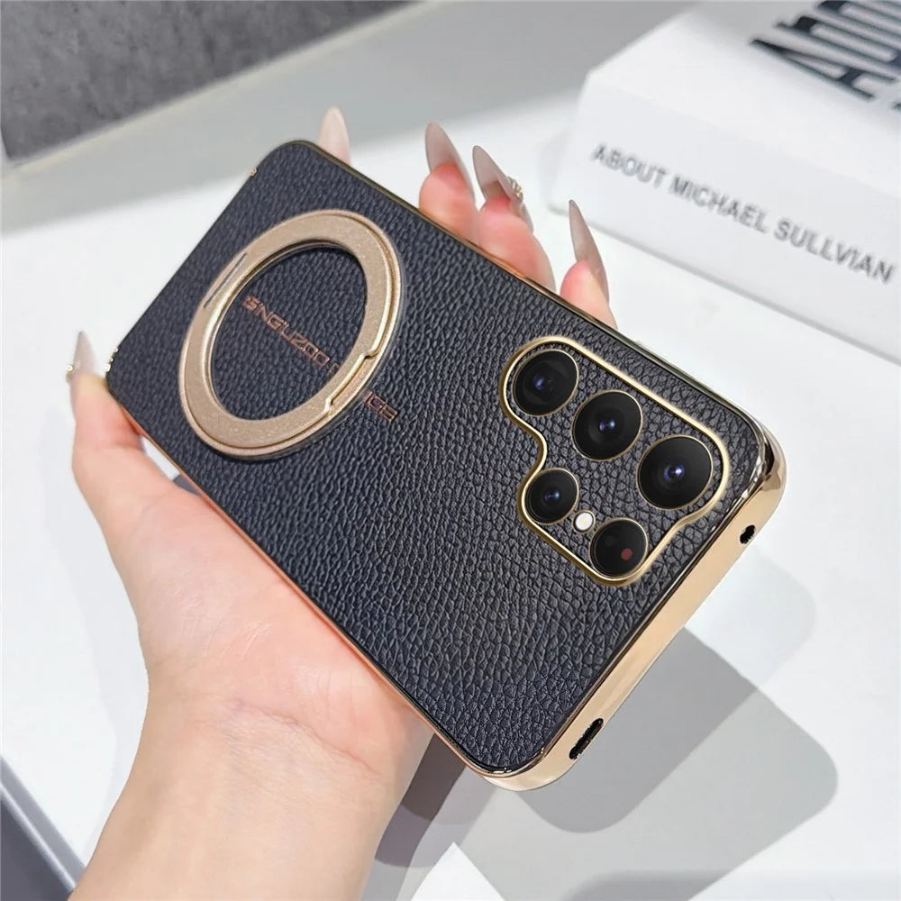 For Samsung Galaxy S25 Ultra Magnetic Case Litchi Pattern TPU PU Cover with Electroplated Metal Ring Kickstand - Black - 2