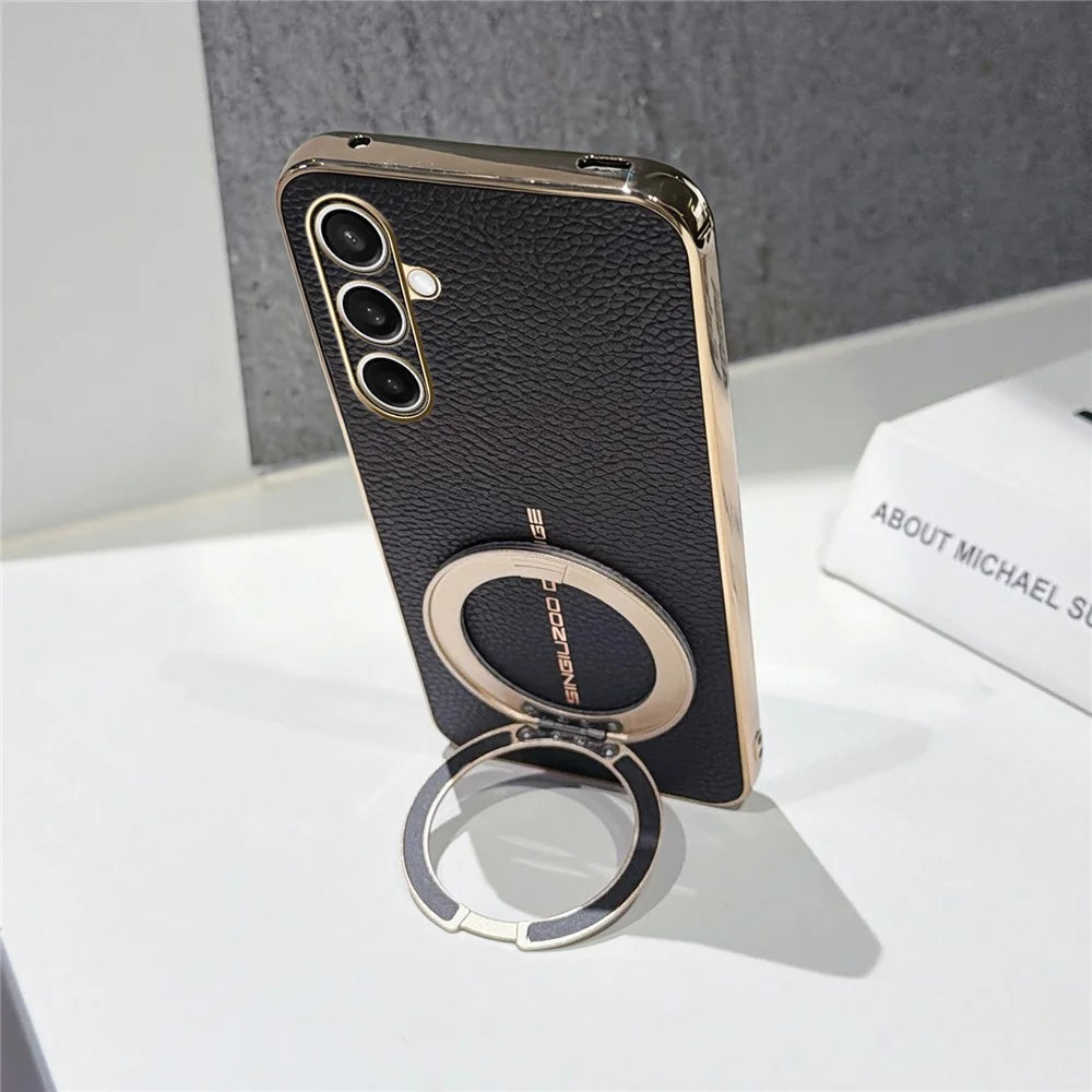 For Samsung Galaxy S25 FE Magnetic Case Litchi Pattern TPU PU Cover with Electroplated Metal Ring Kickstand - Black - 3