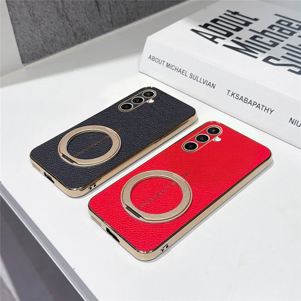 For Samsung Galaxy S25 FE Magnetic Case Litchi Pattern TPU PU Cover with Electroplated Metal Ring Kickstand - Black - 5