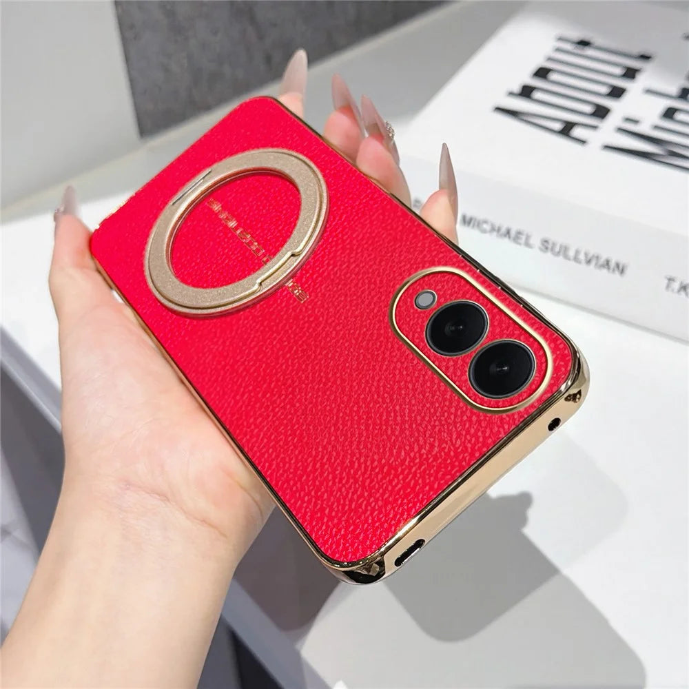 For Samsung Galaxy S25 Edge Magnetic Case Litchi Pattern TPU PU Cover with Electroplated Metal Ring Kickstand - Red - 2