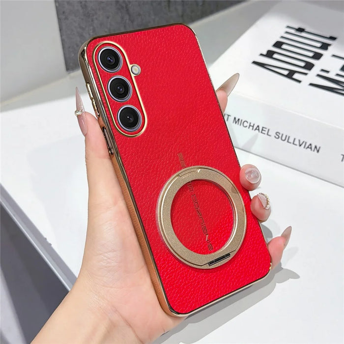For Samsung Galaxy S25+ Magnetic Case Litchi Pattern TPU PU Cover with Electroplated Metal Ring Kickstand - Red - 1