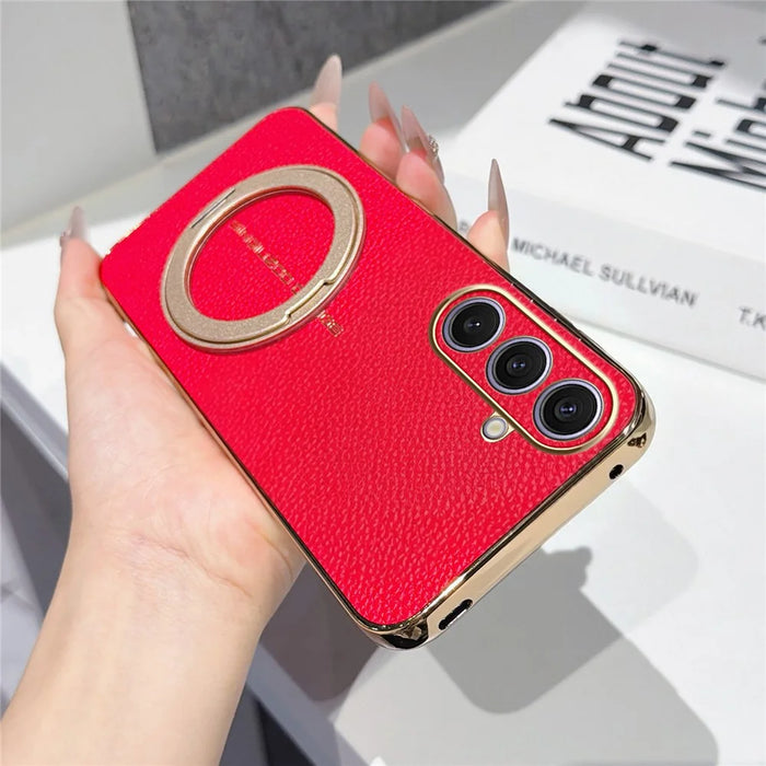 For Samsung Galaxy S25+ Magnetic Case Litchi Pattern TPU PU Cover with Electroplated Metal Ring Kickstand - Red - 2