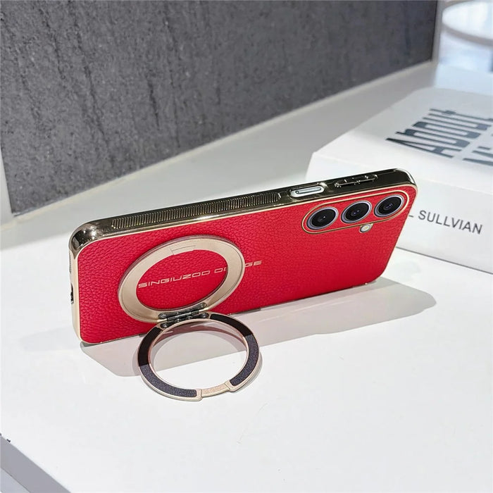 For Samsung Galaxy S25+ Magnetic Case Litchi Pattern TPU PU Cover with Electroplated Metal Ring Kickstand - Red - 3