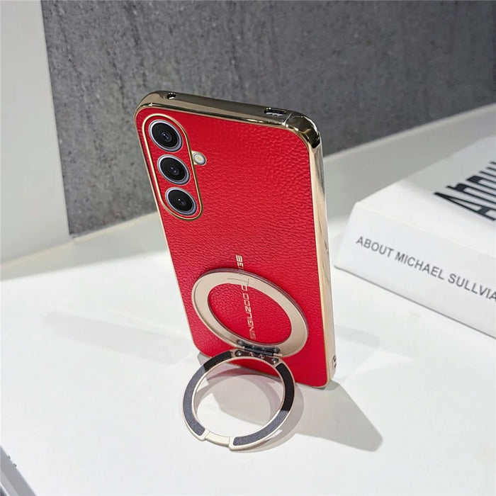 For Samsung Galaxy S25+ Magnetic Case Litchi Pattern TPU PU Cover with Electroplated Metal Ring Kickstand - Red - 4