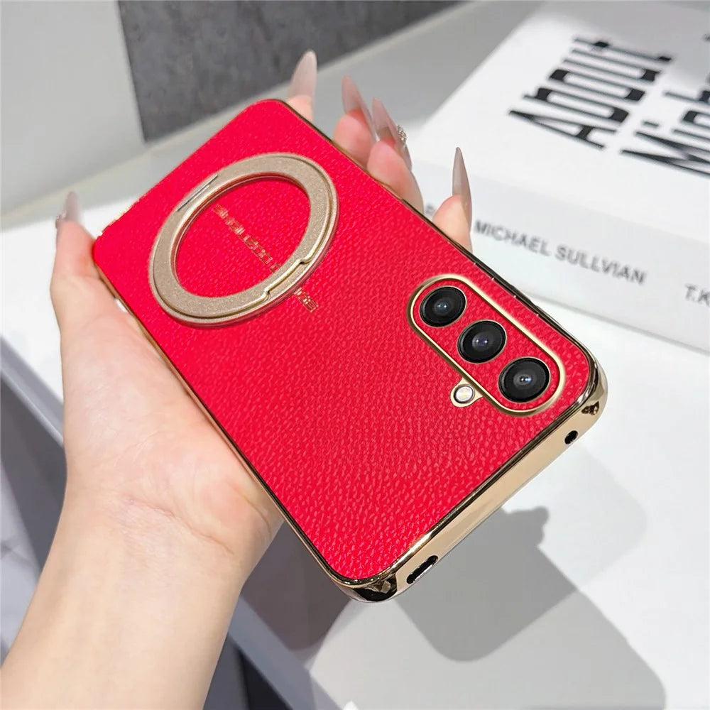 For Samsung Galaxy S25 Magnetic Case Litchi Pattern TPU PU Cover with Electroplated Metal Ring Kickstand - Red - 2