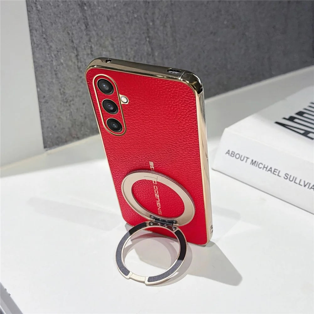 For Samsung Galaxy S25 Magnetic Case Litchi Pattern TPU PU Cover with Electroplated Metal Ring Kickstand - Red - 4