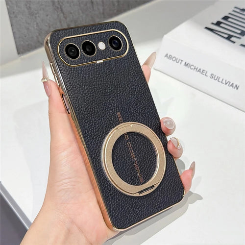 For vivo S50 Pro mini 5G Magnetic Case Litchi Pattern TPU PU Cover with Electroplated Metal Ring Kickstand - Black - 1
