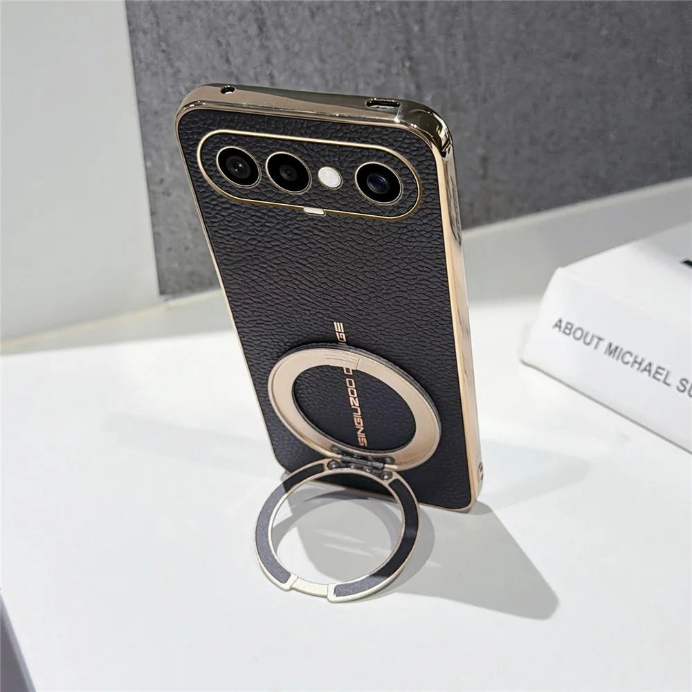 For vivo S50 Pro mini 5G Magnetic Case Litchi Pattern TPU PU Cover with Electroplated Metal Ring Kickstand - Black - 3