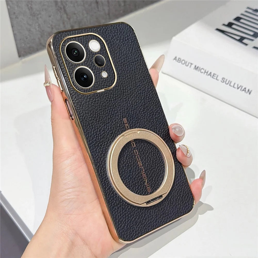 For vivo S50 5G Magnetic Case Litchi Pattern TPU PU Cover with Electroplated Metal Ring Kickstand - Black - 1