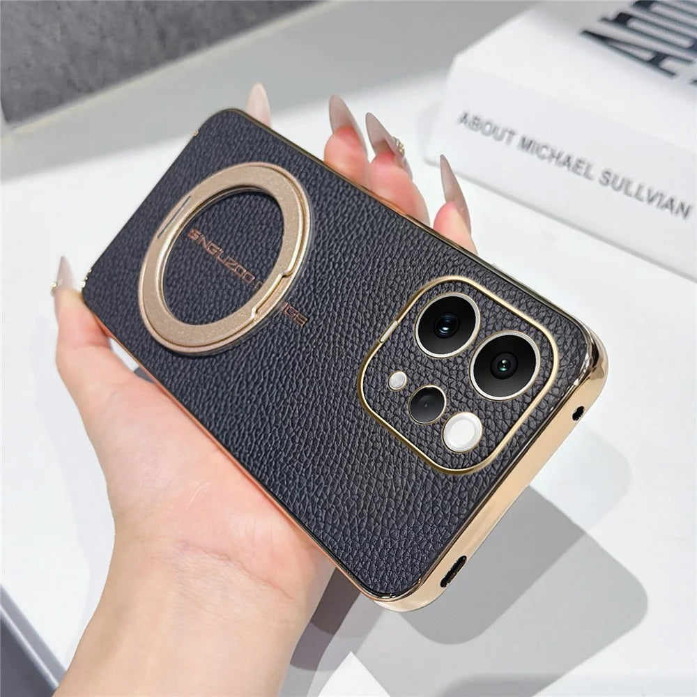 For vivo S50 5G Magnetic Case Litchi Pattern TPU PU Cover with Electroplated Metal Ring Kickstand - Black - 2