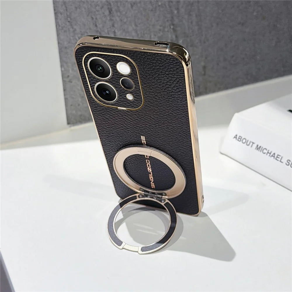 For vivo S50 5G Magnetic Case Litchi Pattern TPU PU Cover with Electroplated Metal Ring Kickstand - Black - 3