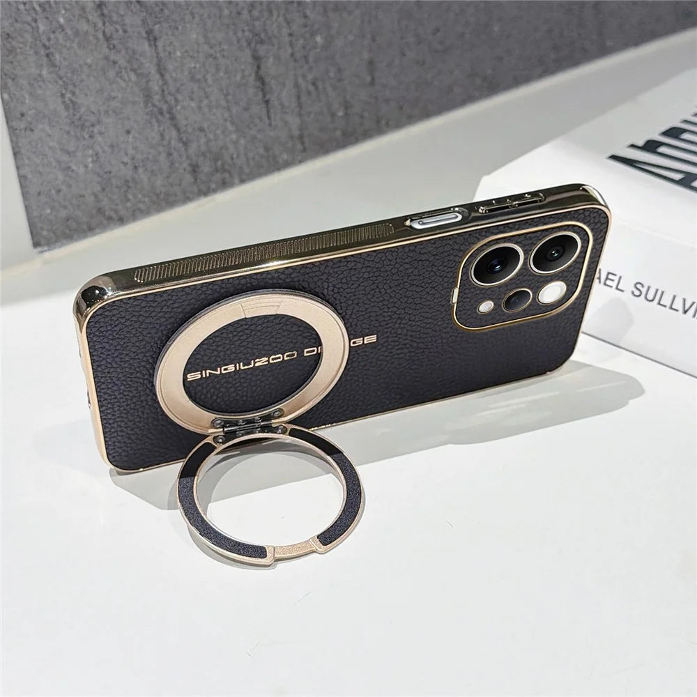 For vivo S50 5G Magnetic Case Litchi Pattern TPU PU Cover with Electroplated Metal Ring Kickstand - Black - 4