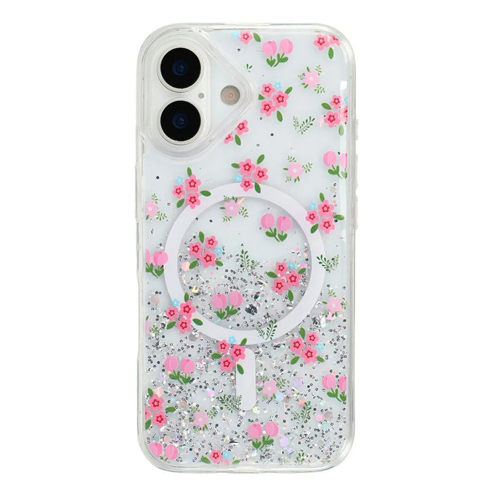 For iPhone 17 Magnetic Case Glitter Epoxy Clear TPU Shockproof Phone Cover Compatible with MagSafe - Tulip - 1