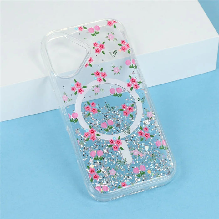 For iPhone 17 Magnetic Case Glitter Epoxy Clear TPU Shockproof Phone Cover Compatible with MagSafe - Tulip - 6