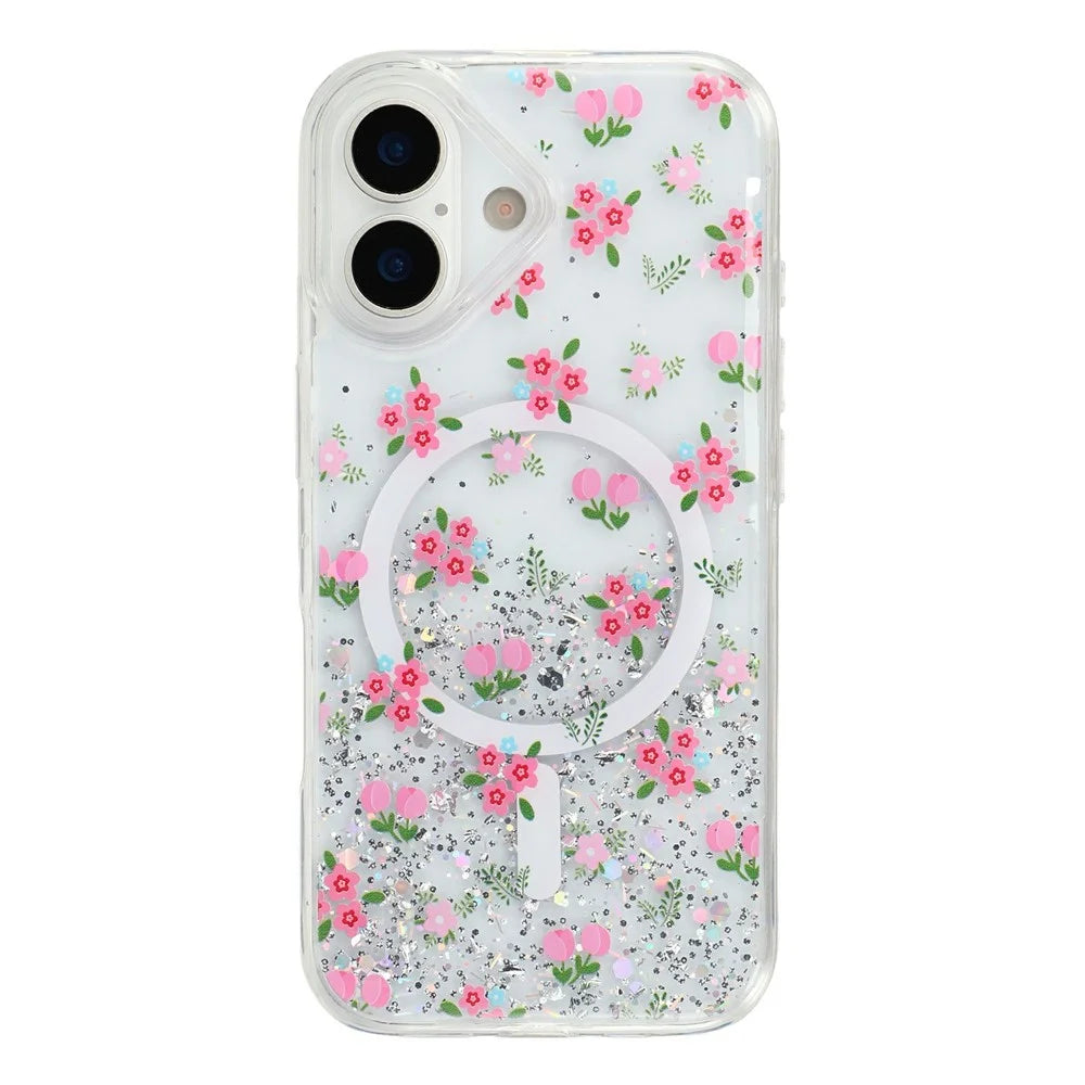 For iPhone 16 Magnetic Case Glitter Epoxy Clear TPU Shockproof Phone Cover Compatible with MagSafe - Tulip - 1