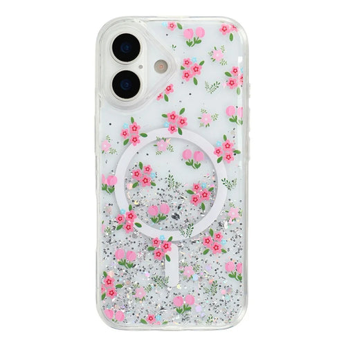 For iPhone 16 Magnetic Case Glitter Epoxy Clear TPU Shockproof Phone Cover Compatible with MagSafe - Tulip - 1