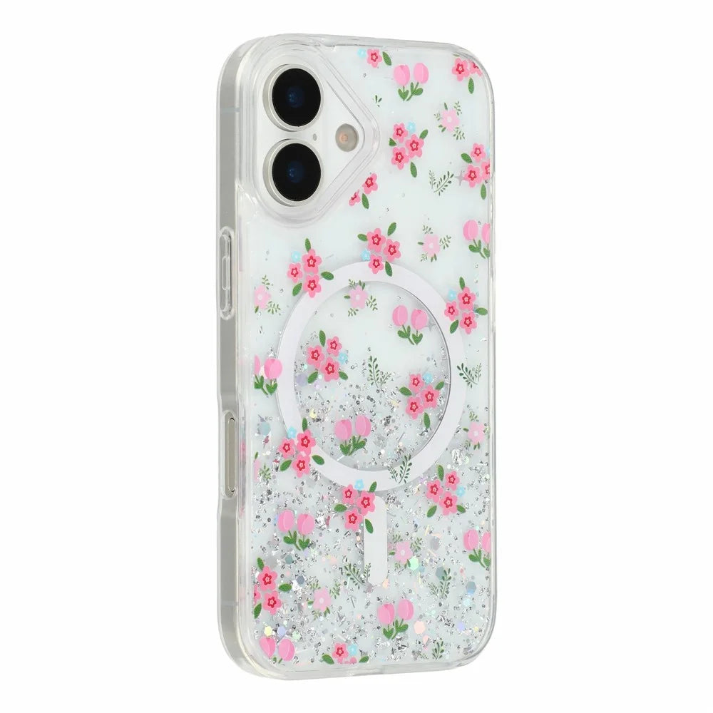 For iPhone 16 Magnetic Case Glitter Epoxy Clear TPU Shockproof Phone Cover Compatible with MagSafe - Tulip - 3