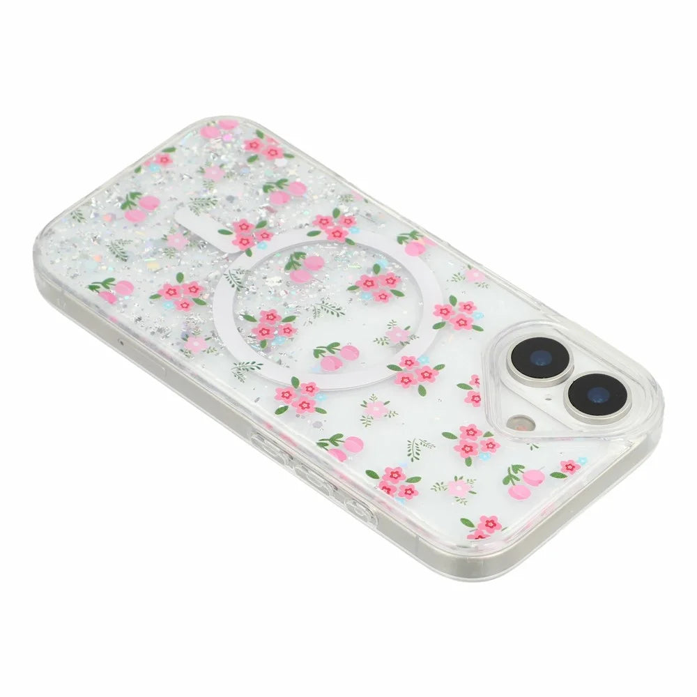 For iPhone 16 Magnetic Case Glitter Epoxy Clear TPU Shockproof Phone Cover Compatible with MagSafe - Tulip - 5