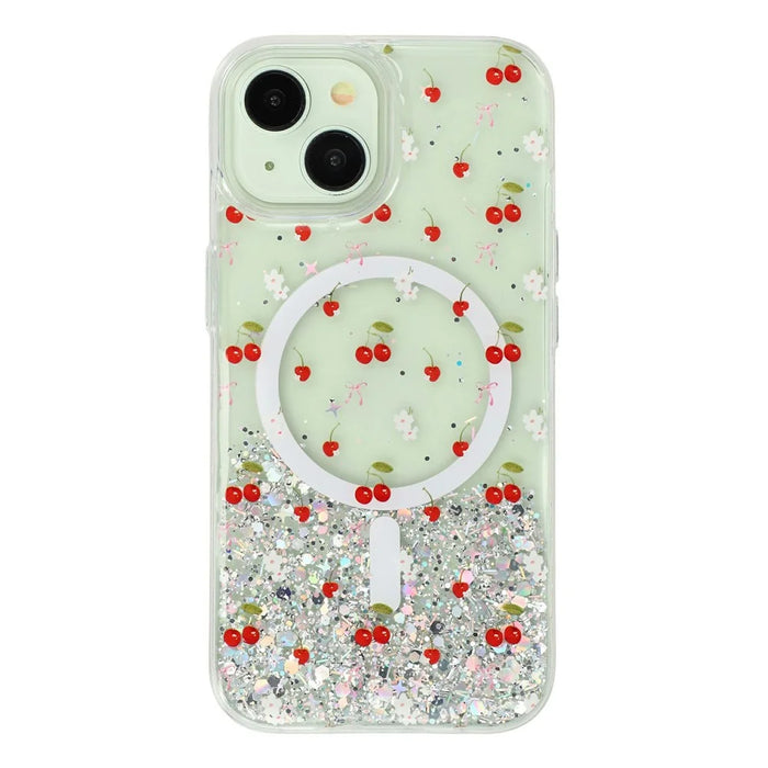 For iPhone 15 Magnetic Case Glitter Epoxy Clear TPU Shockproof Phone Cover Compatible with MagSafe - Cherry - 1