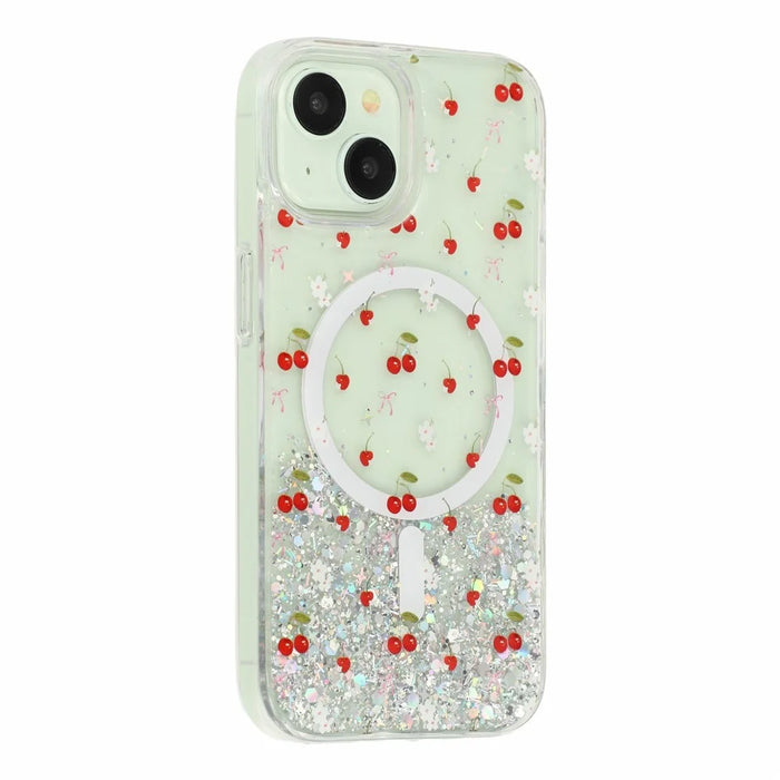 For iPhone 15 Magnetic Case Glitter Epoxy Clear TPU Shockproof Phone Cover Compatible with MagSafe - Cherry - 3