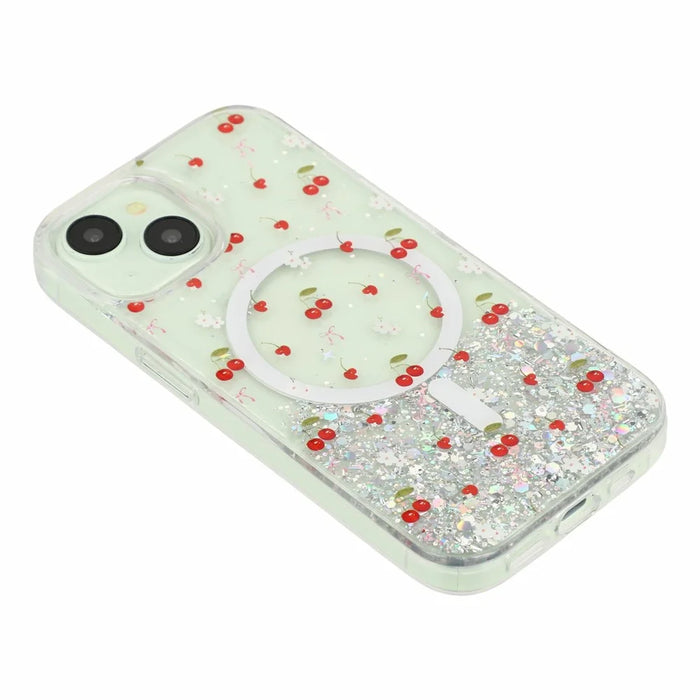 For iPhone 15 Magnetic Case Glitter Epoxy Clear TPU Shockproof Phone Cover Compatible with MagSafe - Cherry - 4