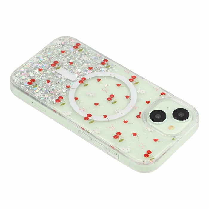For iPhone 15 Magnetic Case Glitter Epoxy Clear TPU Shockproof Phone Cover Compatible with MagSafe - Cherry - 5