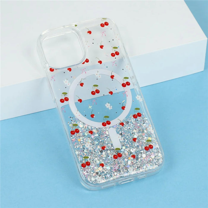 For iPhone 15 Magnetic Case Glitter Epoxy Clear TPU Shockproof Phone Cover Compatible with MagSafe - Cherry - 6