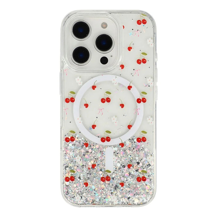 For iPhone 16 Pro Magnetic Case Glitter Epoxy Clear TPU Shockproof Phone Cover Compatible with MagSafe - Cherry - 1