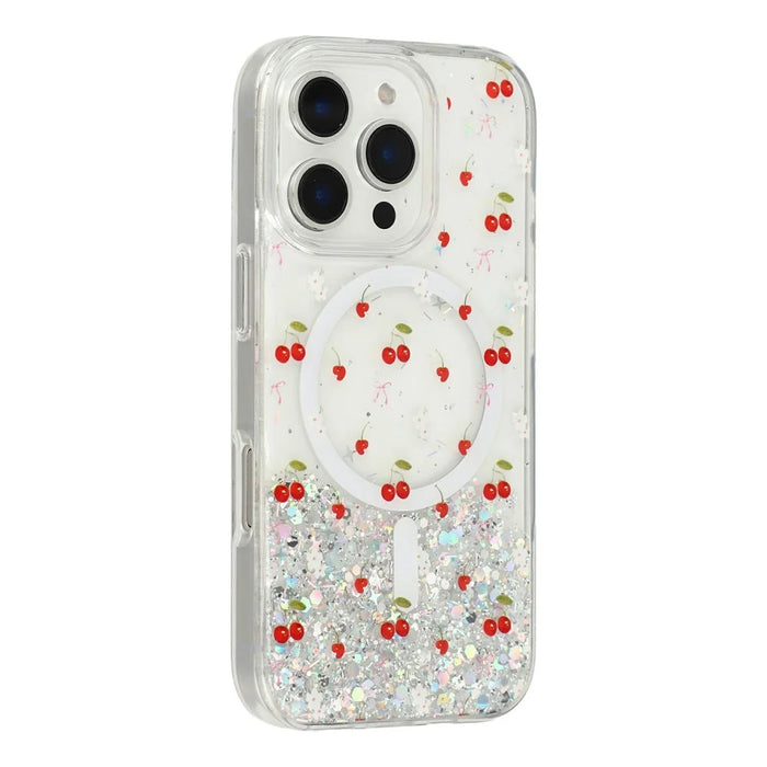 For iPhone 16 Pro Magnetic Case Glitter Epoxy Clear TPU Shockproof Phone Cover Compatible with MagSafe - Cherry - 3