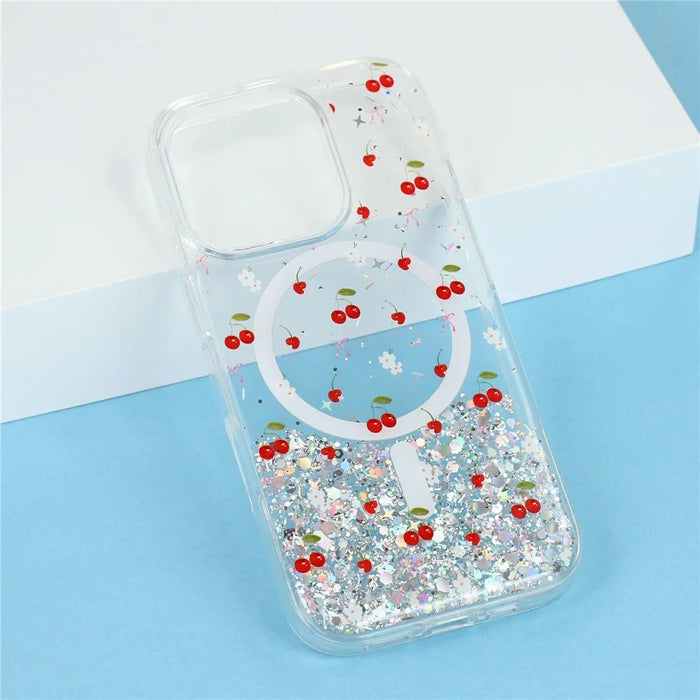 For iPhone 16 Pro Magnetic Case Glitter Epoxy Clear TPU Shockproof Phone Cover Compatible with MagSafe - Cherry - 6
