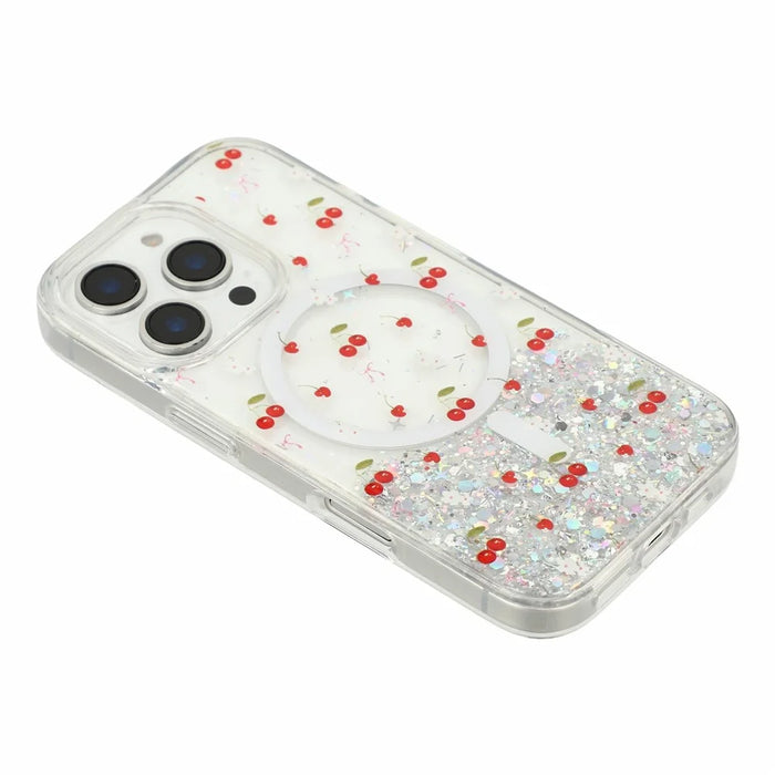 For iPhone 16 Pro Max Magnetic Case Glitter Epoxy Clear TPU Shockproof Phone Cover Compatible with MagSafe - Cherry - 4