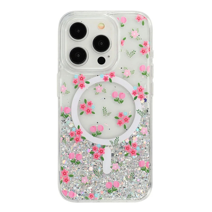 For iPhone 15 Pro Magnetic Case Glitter Epoxy Clear TPU Shockproof Phone Cover Compatible with MagSafe - Tulip - 1