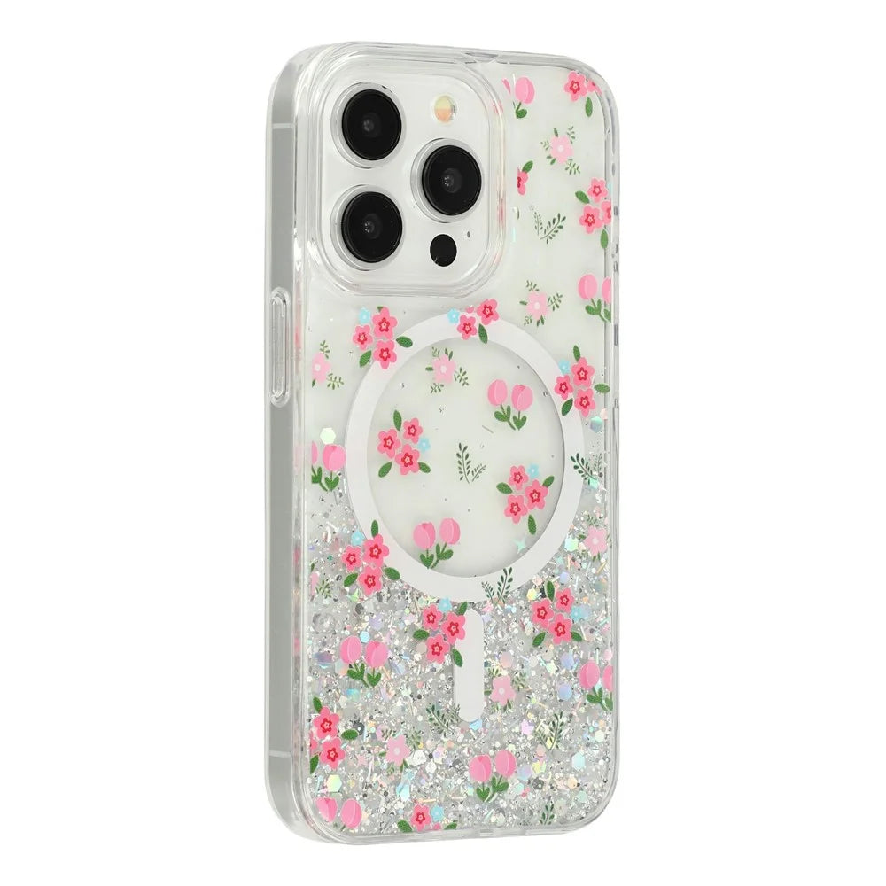 For iPhone 15 Pro Magnetic Case Glitter Epoxy Clear TPU Shockproof Phone Cover Compatible with MagSafe - Tulip - 3