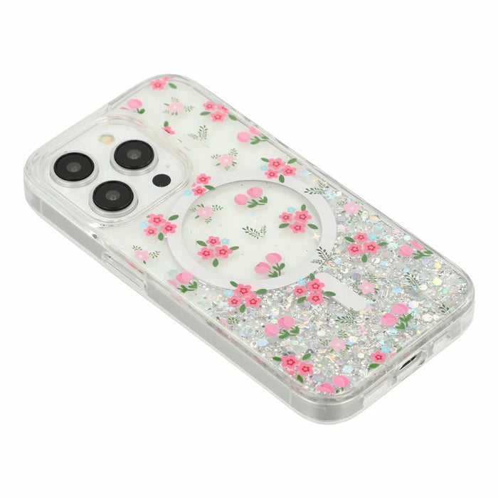For iPhone 15 Pro Magnetic Case Glitter Epoxy Clear TPU Shockproof Phone Cover Compatible with MagSafe - Tulip - 4