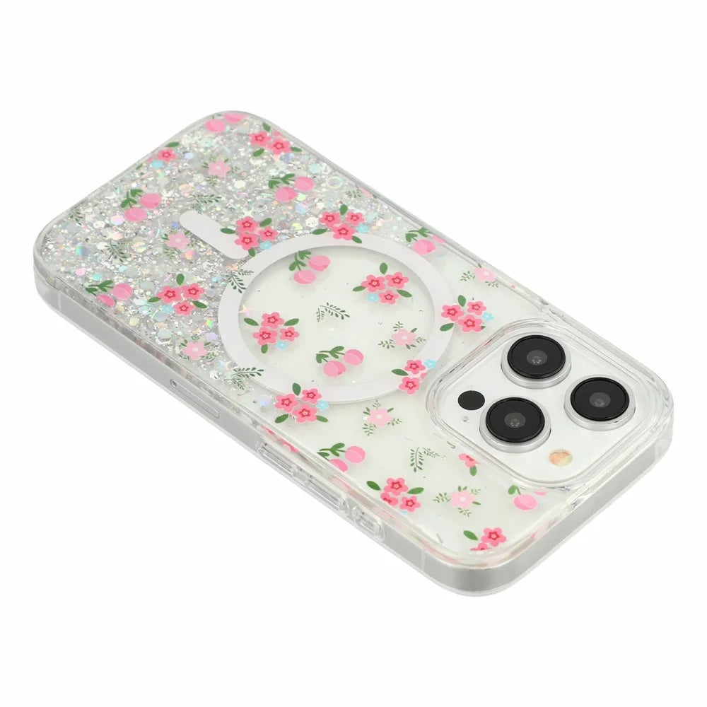 For iPhone 15 Pro Magnetic Case Glitter Epoxy Clear TPU Shockproof Phone Cover Compatible with MagSafe - Tulip - 5