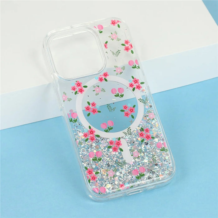 For iPhone 15 Pro Magnetic Case Glitter Epoxy Clear TPU Shockproof Phone Cover Compatible with MagSafe - Tulip - 6