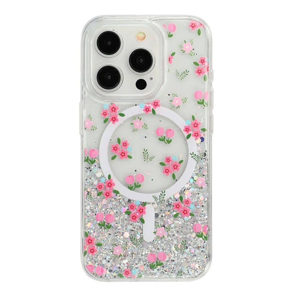 For iPhone 15 Pro Max Magnetic Case Glitter Epoxy Clear TPU Shockproof Phone Cover Compatible with MagSafe - Tulip - 1