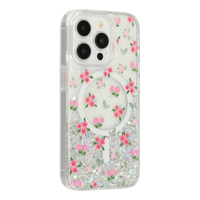 For iPhone 15 Pro Max Magnetic Case Glitter Epoxy Clear TPU Shockproof Phone Cover Compatible with MagSafe - Tulip - 3