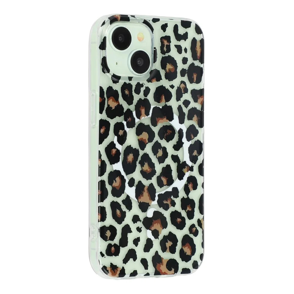 For iPhone 15 Magnetic Case Hollow Leopard Print Design TPU PC Phone Back Cover - Style 3 - 1